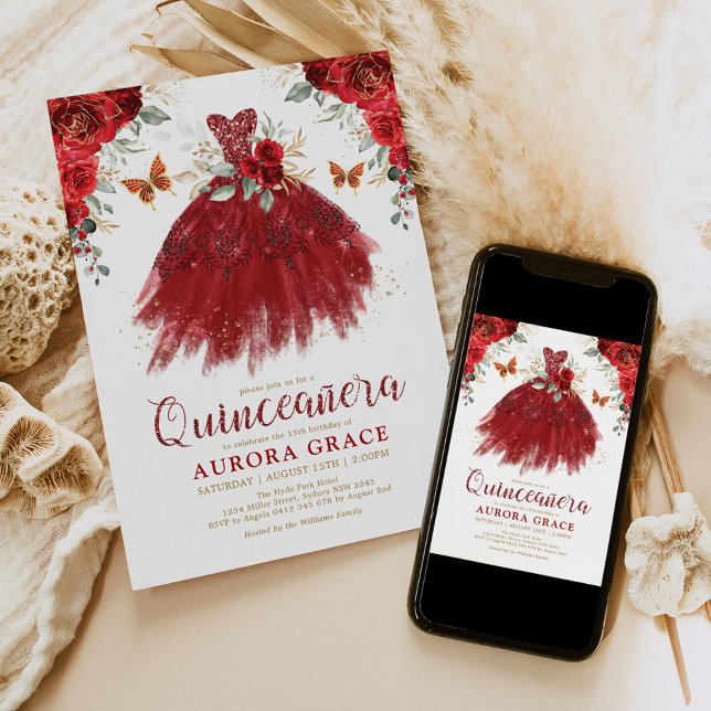 Invitación Flor roja borgoña Vestido Princesa Quinceañera (Subido por el creador)