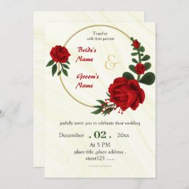 Invitación flor roja follaje oro