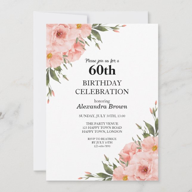 Invitación Flor rosa 60.º Fiesta de foto de cumpleaños (Anverso)
