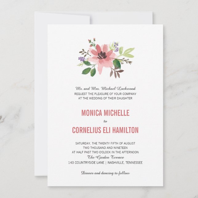 Invitación Flor rosa acuarela | BODA (Anverso)