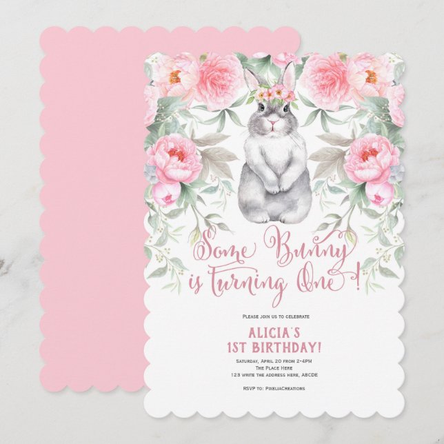 Invitación Flor rosa, acuarela, un conejo es uno (Anverso / Reverso)