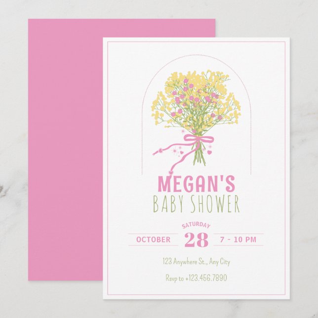 Invitación Flor rosa amarilla, ducha de bebé (Anverso / Reverso)