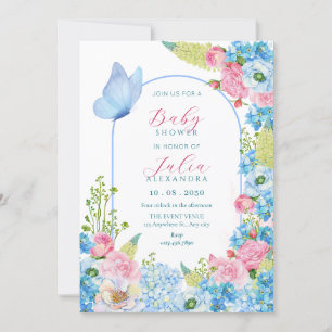 Invitación Flor rosa azul flor mariposa ducha bebé