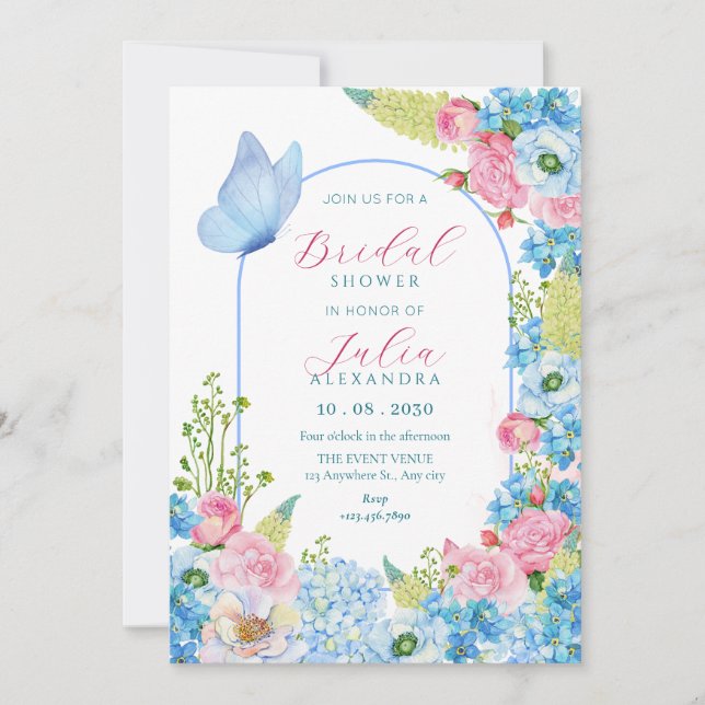 Invitación Flor rosa azul flor mariposa ducha de novia (Anverso)