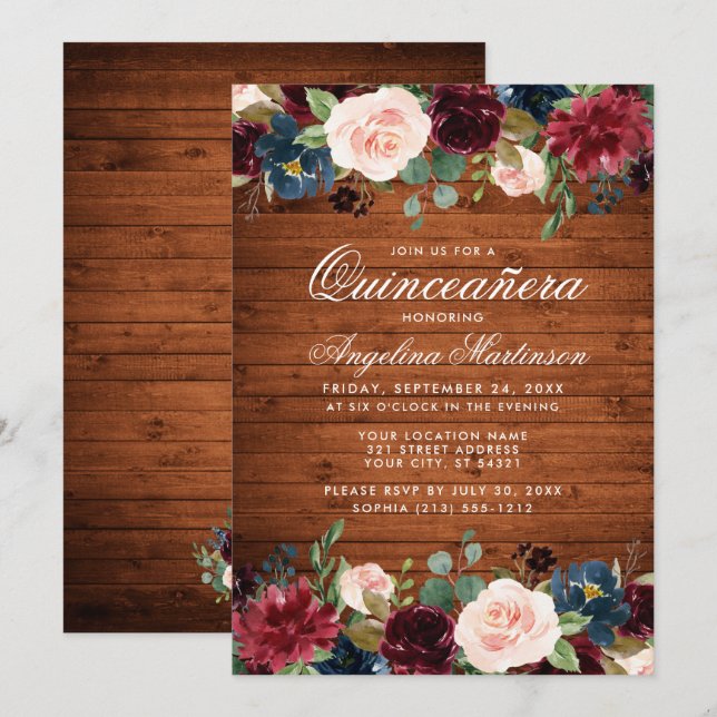 Invitación Flor rosa azul rugosa Quinceanera de madera (Anverso / Reverso)