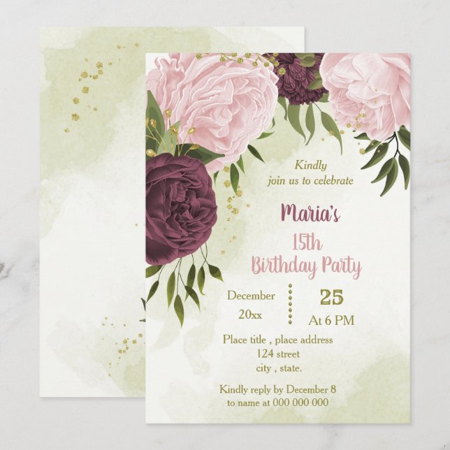Invitación flor rosa cabernet hojas verdes cumpleaños (Anverso / Reverso)