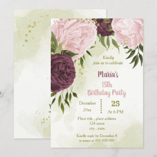 Invitación flor rosa cabernet hojas verdes cumpleaños