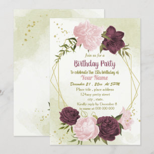 Invitación flor rosa cabernet hojas verdes cumpleaños