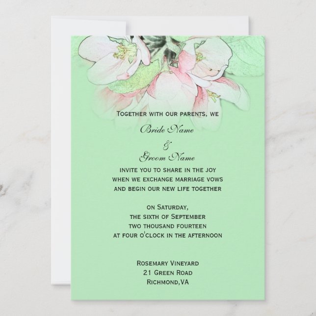 Invitación Flor rosa claro de manzana en boda verde (Anverso)