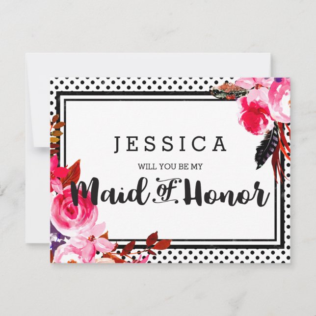 Invitación Flor rosa de Boho serás mi empleada de honor (Anverso)