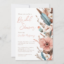Invitación Flor rosa de boho y plumas elegante ducha de novia