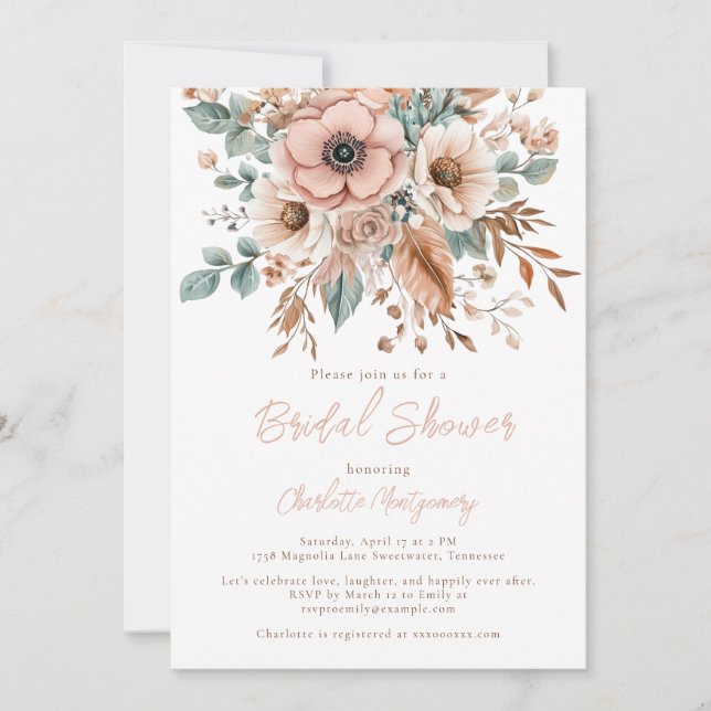 Invitación Flor rosa de boho y plumas elegante ducha de novia (Anverso)