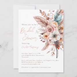 Invitación Flor rosa de boho y plumas elegante ducha de novia