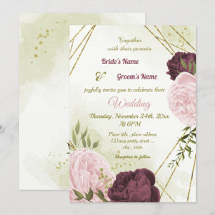 Invitación flor rosa de cabernet hojas verdes boda