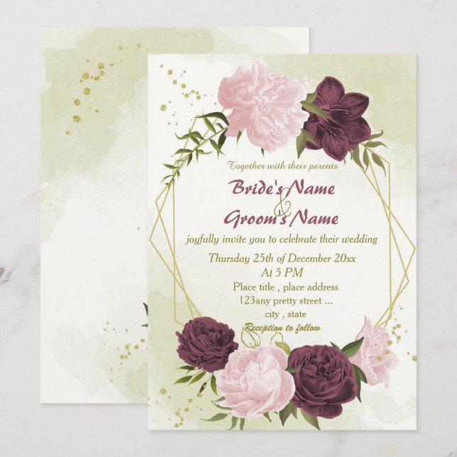 Invitación flor rosa de cabernet hojas verdes boda (Anverso / Reverso)