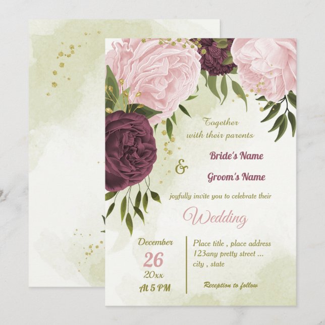 Invitación flor rosa de cabernet hojas verdes boda (Anverso / Reverso)