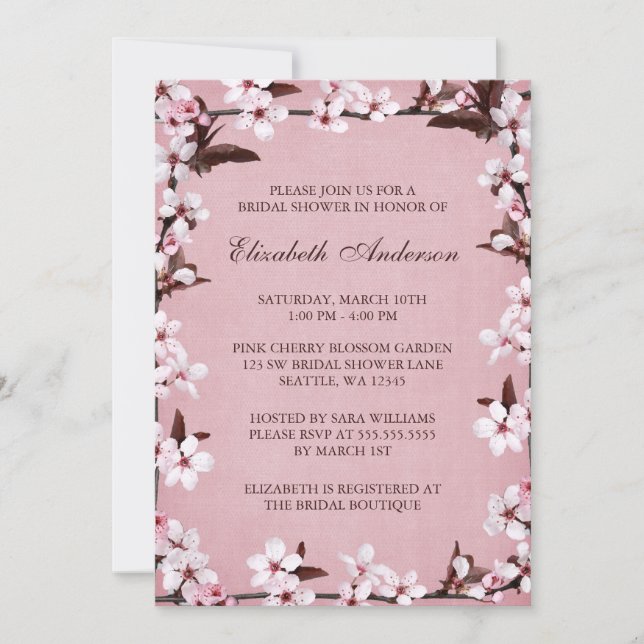 Invitación Flor rosa de cerezo en la frontera ducha de novia (Anverso)
