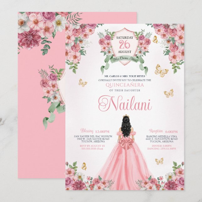Invitación Flor rosa de flor de flor de primavera Quinceanera (Anverso / Reverso)