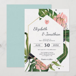 Invitación Flor rosa de la jungla tropical y hojas florales m