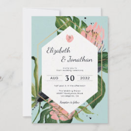 Invitación Flor rosa de la jungla tropical y hojas florales m
