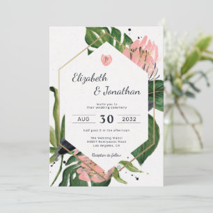 Invitación Flor rosa de la jungla tropical y hojas florales m