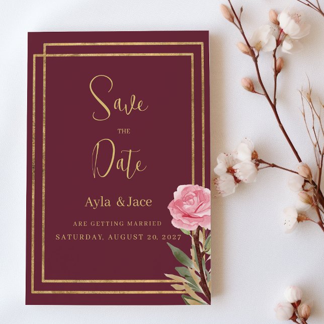 Invitación Flor rosa de oro burdeos geométrica Salven la fech (Geometric burgundy gold pink flower Save the Date)