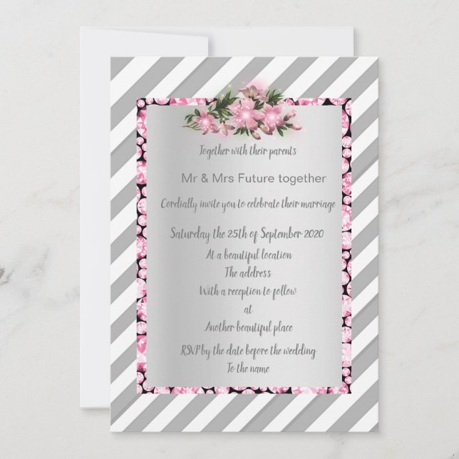 Invitación Flor rosa de raya gris invitan nuevos diamantes de (Anverso)