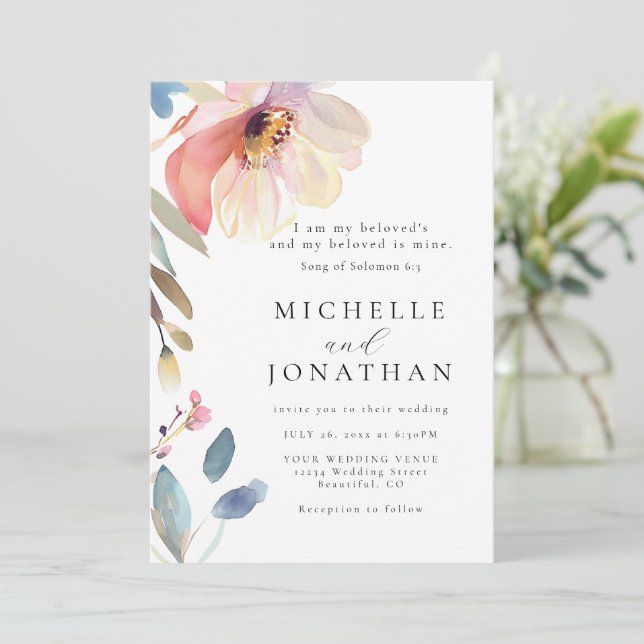 Invitación Flor rosa de Rubor Boda cristiano moderno de la Bi (Anverso de pie)