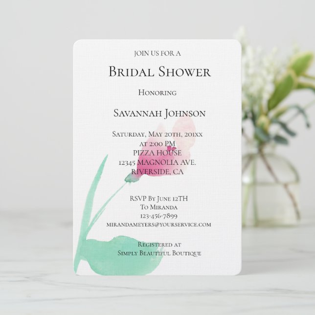 Invitación Flor rosa ducha de novia (Anverso de pie)