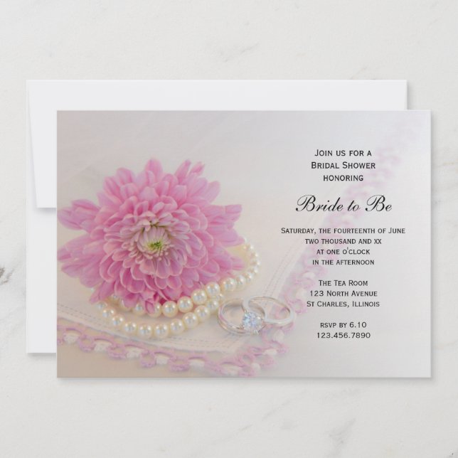 Invitación Flor rosa, encaje y anillos Ducha de novias (Anverso)