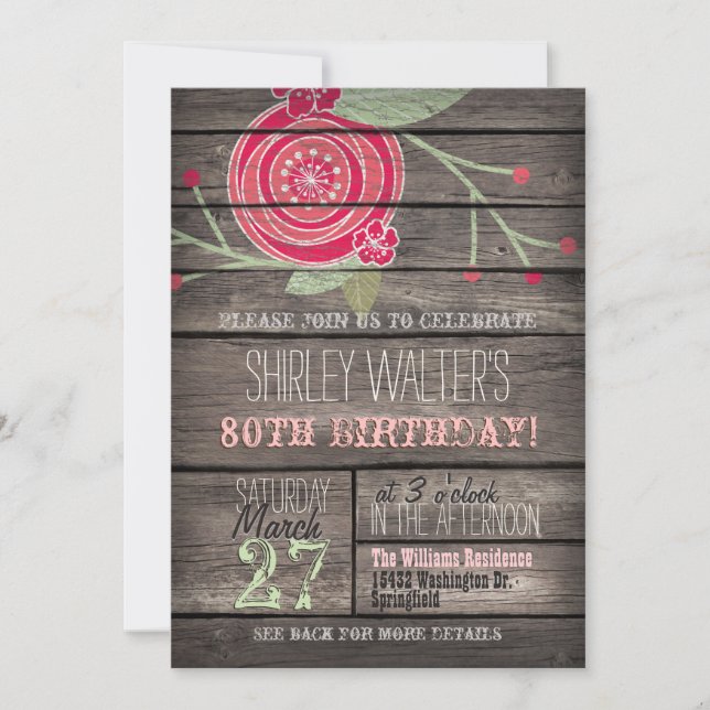 Invitación Flor rosa, fiesta de cumpleaños número 80 en el pa (Anverso)