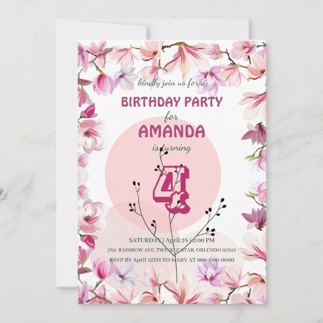 Invitación Flor rosa Flor acuarela gradiente flora Cumpleaños (Anverso)