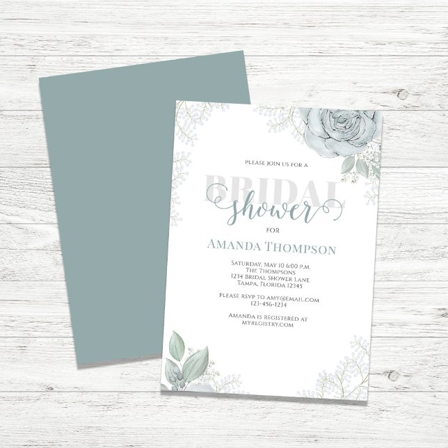 Invitación Flor Rosa floral azul claro de vegetación botánica (Bridal shower invitation with watercolor blue floral)