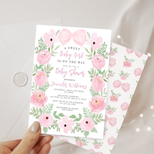 Invitación Flor rosa florece adorable arco boho bebé ducha (Subido por el creador)