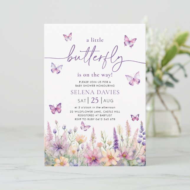 Invitación Flor rosa morada mariposa mariposa Baby Shower (Anverso de pie)