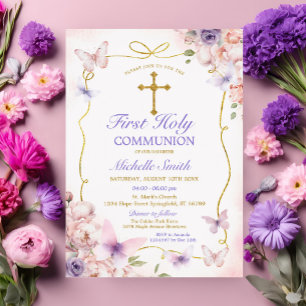 Invitación Flor rosa morada mariposa primera comunión sagrada