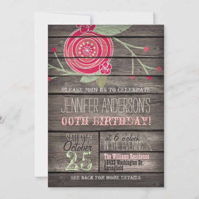 Invitación Flor rosa, país rústico Adulto o cumpleaños adoles (Anverso)