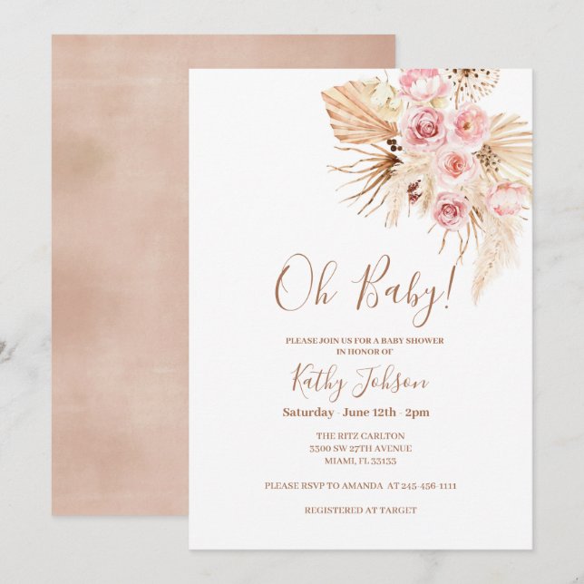 Invitación Flor rosa Pampas Grass Boho Moda Baby Shower  (Anverso / Reverso)