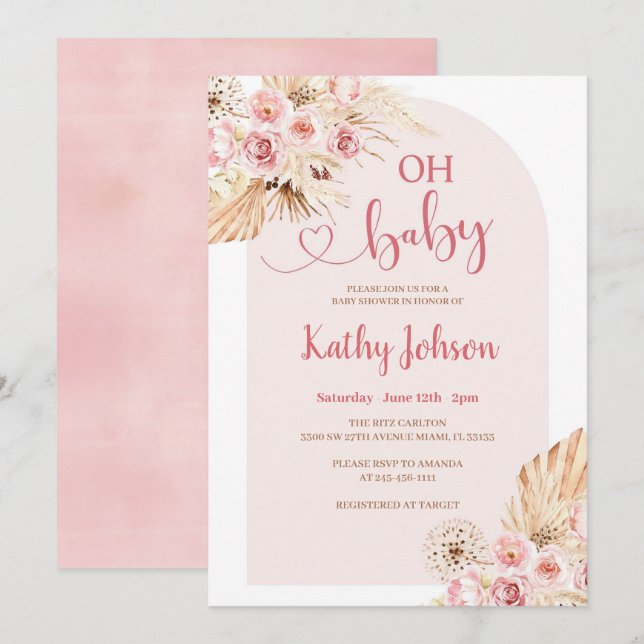 Invitación Flor rosa Pampas Grass Boho Oh Baby Shower (Anverso / Reverso)