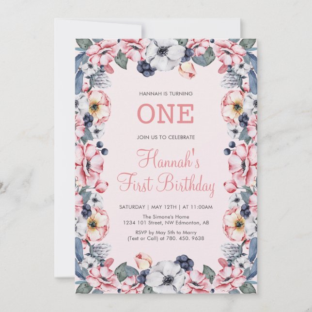 Invitación Flor & Rosa | Primera Cumpleaños de la Primera Niñ (Anverso)