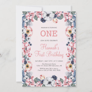 Invitación Flor & Rosa   Primera Cumpleaños de la Primera Niñ