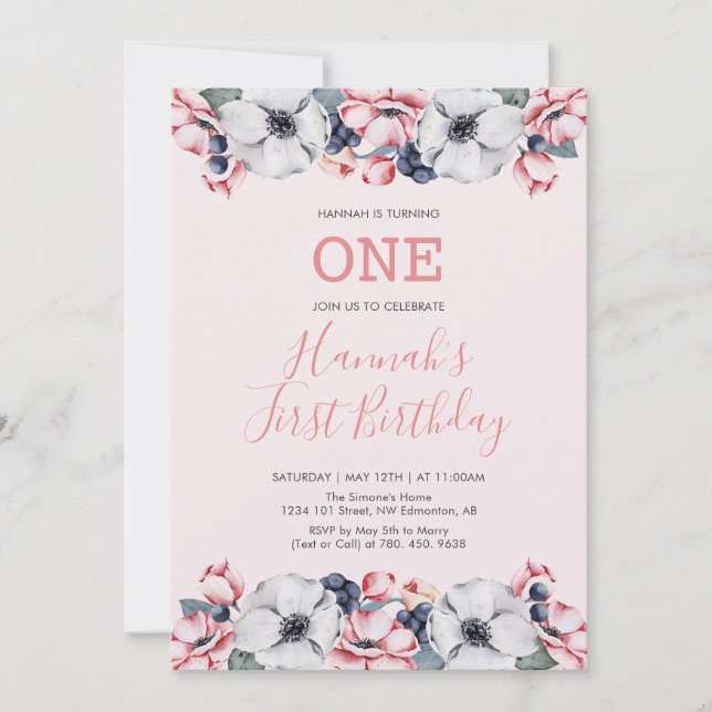 Invitación Flor & Rosa | Primera Fiesta de Cumpleaños de una  (Anverso)