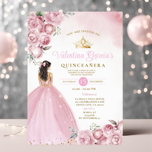Invitación Flor rosa Quinceañera 15 Flores Anos Corona de Oro (Subido por el creador)