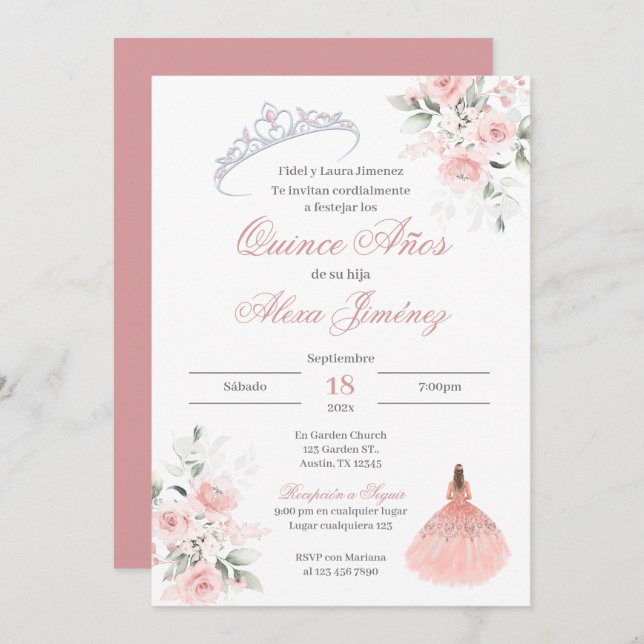 Invitación Flor rosa Quinceanera española (Anverso / Reverso)