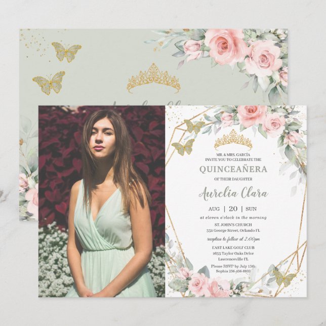 Invitación Flor rosa Quinceañera Sage Green Butterflies (Anverso / Reverso)