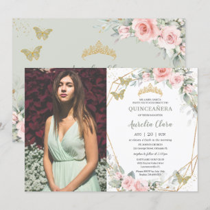 Invitación Flor rosa Quinceañera Sage Green Butterflies