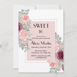 Invitación Flor rosa rosa borgoña dulce 16 cumpleaños blanco