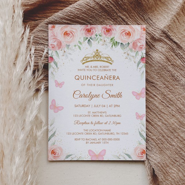Invitación Flor rosa rosa Rubor Quinceañera Butterfly (Subido por el creador)