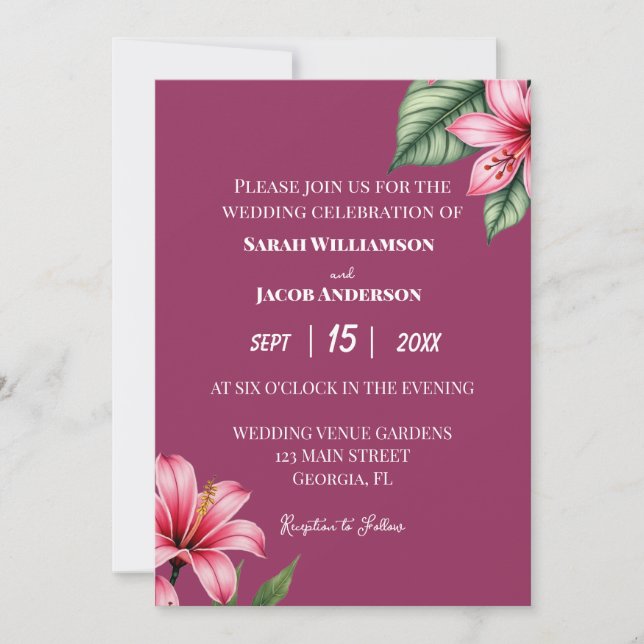 Invitación Flor rosa Rubor roja (Anverso)