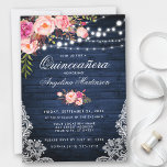 Invitación Flor rosa Rústica Quinceanera Azul<br><div class="desc">Rústico Blue Wood String Lights Lace Rubor Pink Watercolor Floral Quinceanera Invitación</div>